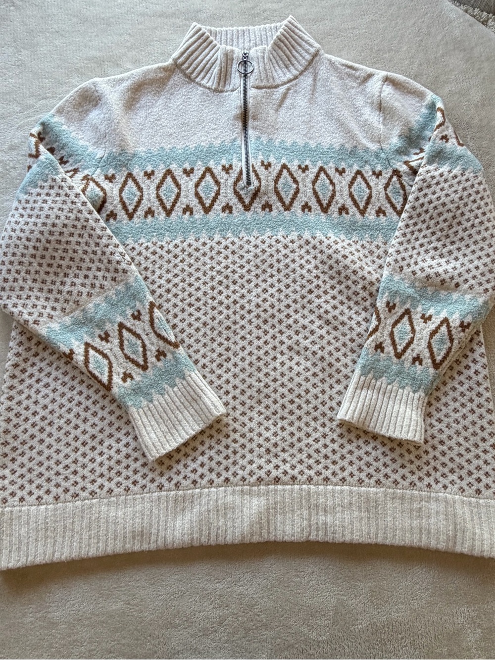 Cream Patterned Half-Zip Women's Sweater